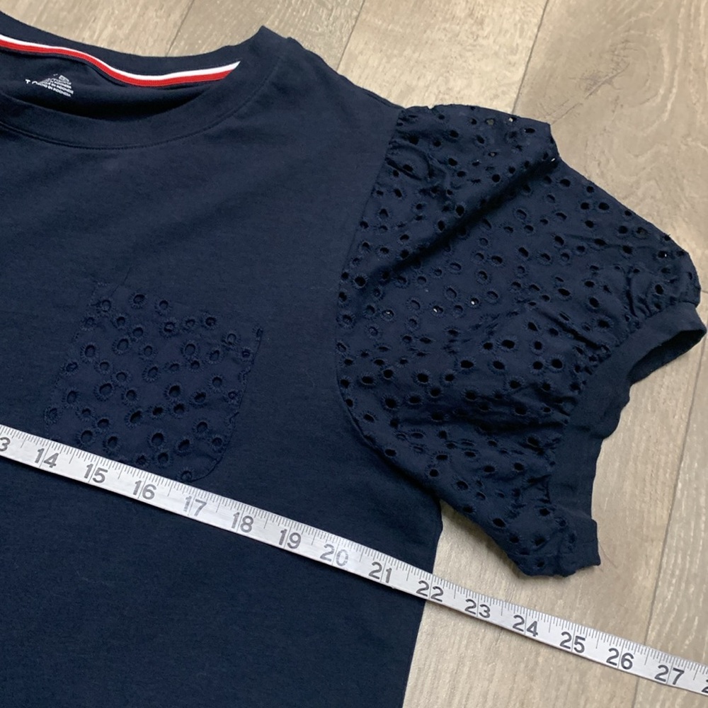Womens Tommy Hilfiger Puff‎ Sleeve Eyelet Navy Top Shirt - Picture 4 of 7